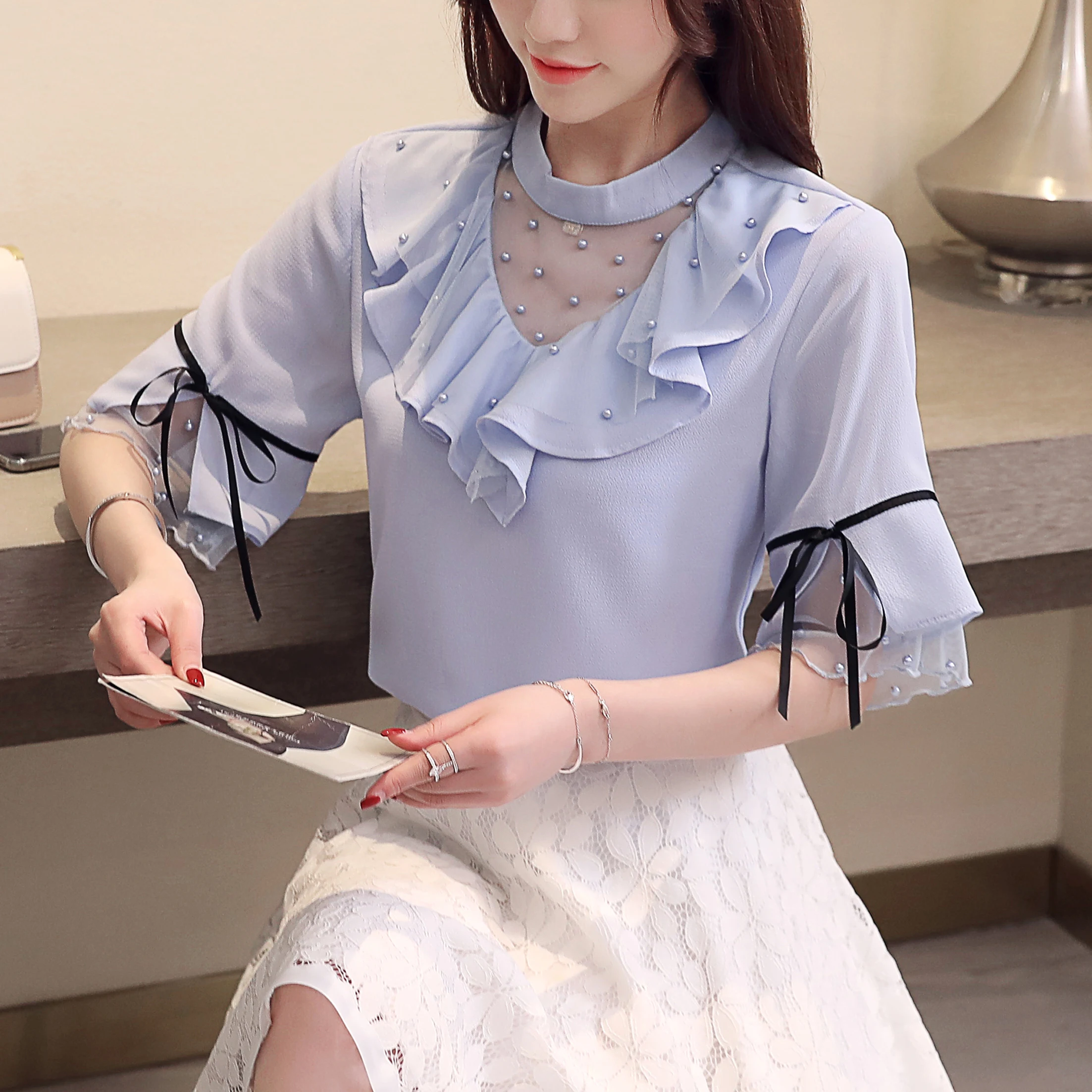 Модные шифоновые женские рубашки топы и блузки 2019 с v-образным вырезом Женские