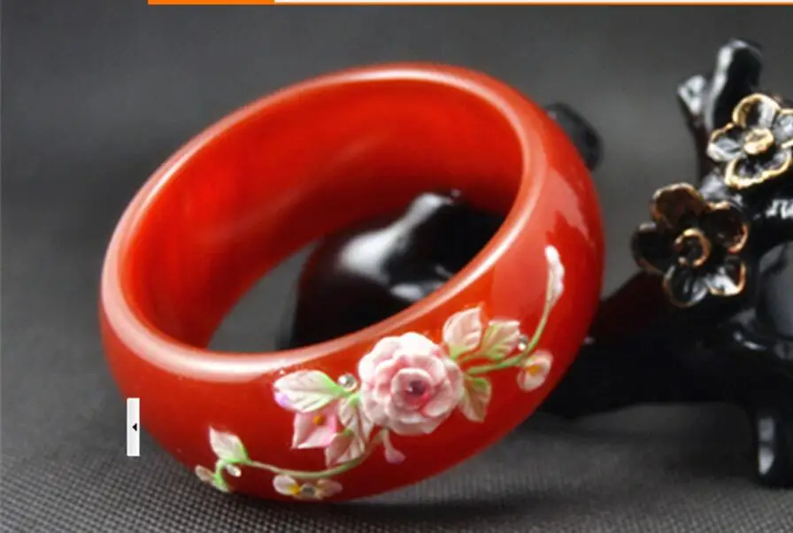 58-63 mm Genuine Natural Red Agate Woman Bangle with Flower Wide Retro Bracelet | Bangles