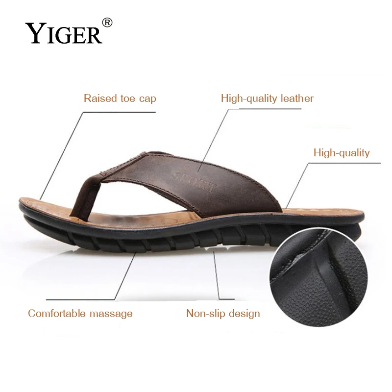 YIGER/Новые мужские шлепанцы летние из кожи Модные дышащие с мягкой подошвой