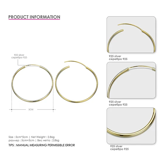 50mm Gold CC Твердые 925 серебряные серьги-кольца для женщин 15 мм-70 мм круглые классические большие офисные серьги простые ювелирные изделия CCE529 - Окраска металла: 50mm Gold