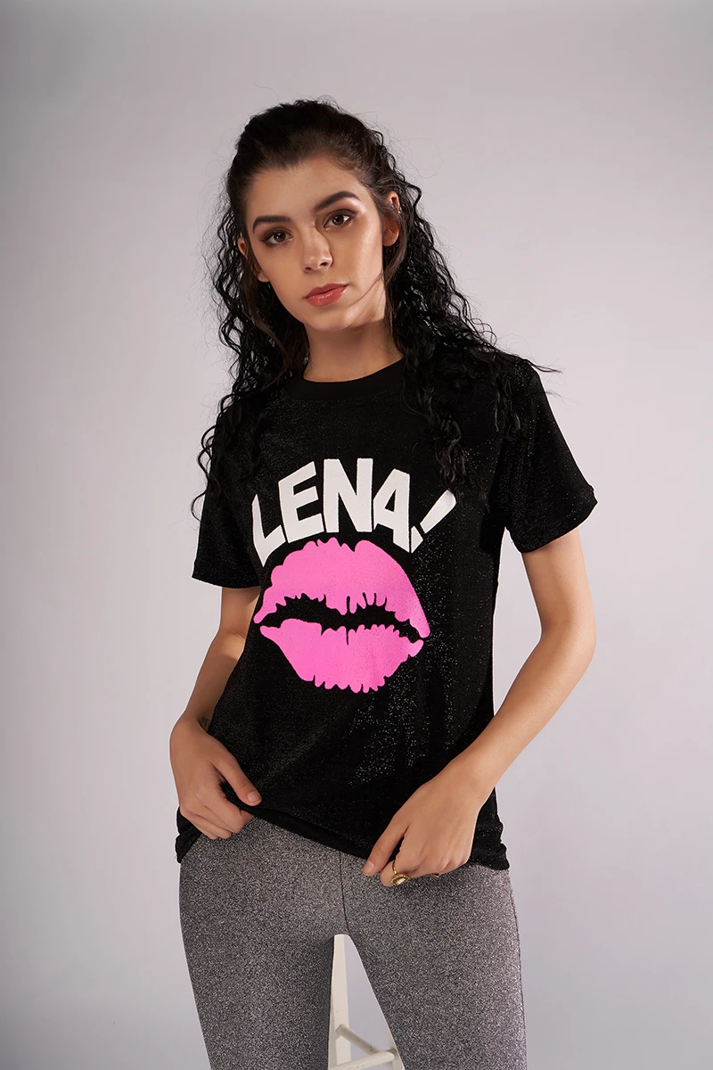 

2019 new summer women's casual T-shirt girl style black Round collar short sleeve lips letters printing T-shirt