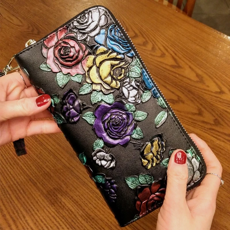 

2020 Women Wallets Fashion Flower Print Genuine Leather Wallet Luxury Womens Long Multi-Function Hasp Purse