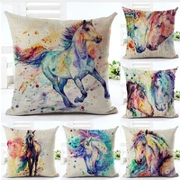 homing animal horse cotton linen cushion cover watercolor pillow case chair seat and waist square pillow cover home decoration