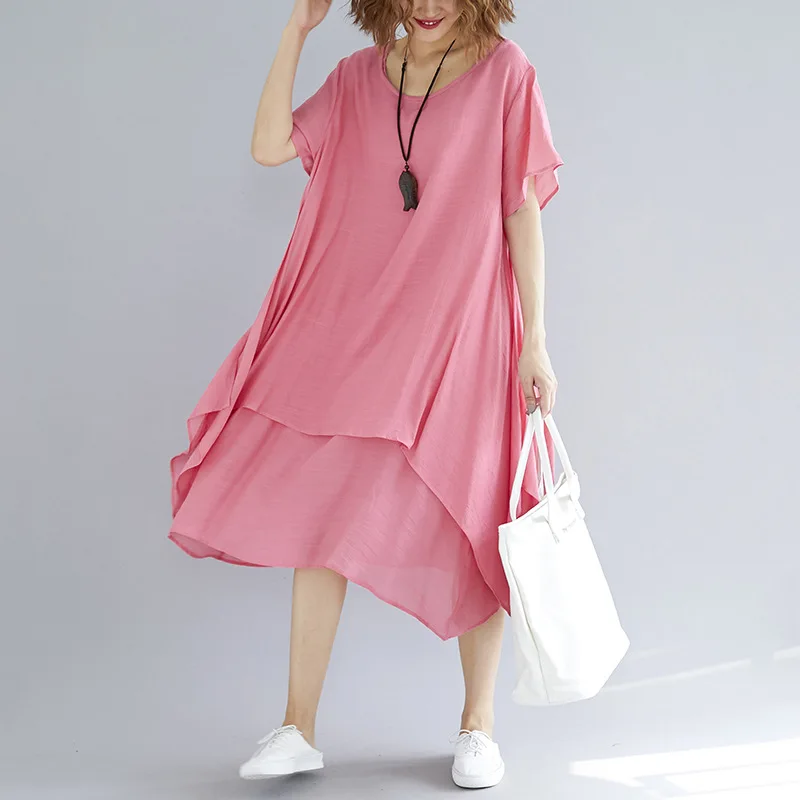 Johnature Solid Color Casual Loose Cotton Linen Dresses New 2019 Summer O-Neck Short Sleeve Irregular Ruffles Women | Женская одежда