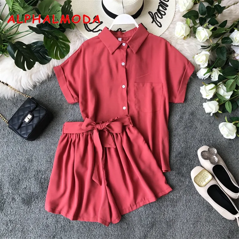 Женский Повседневный костюм ALPHALMODA рубашка с коротким рукавом + шорты комплект из