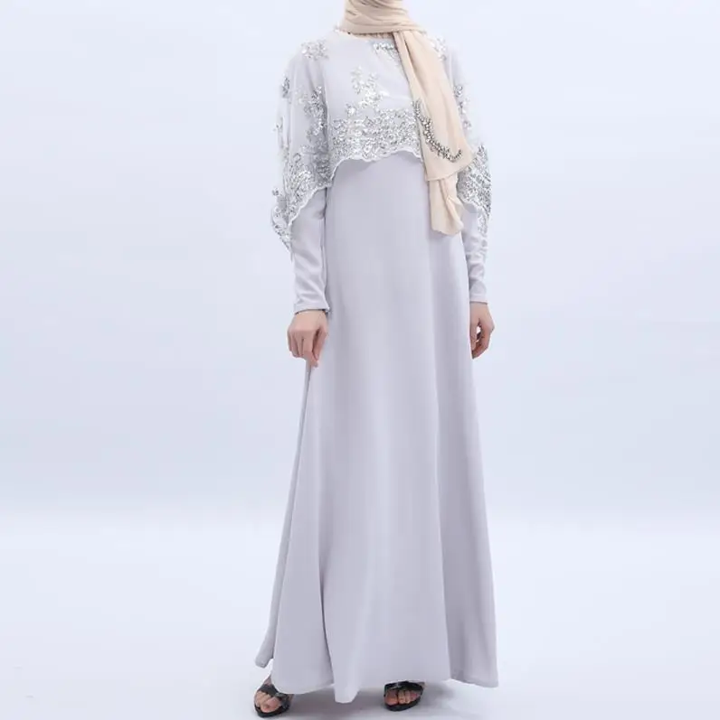 Light gray dress Мусульманское платье-хиджаб с блестками Абая для женщин мусульманская одежда Оман джилбаб Femme Musulman турецкие платья - Цвет: Light gray dress