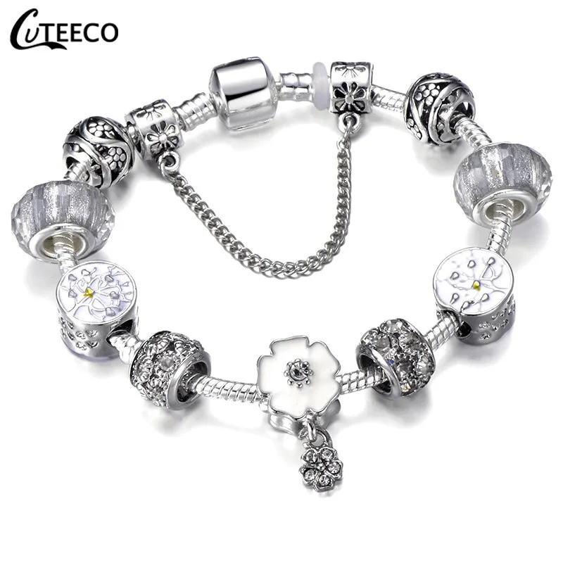 CUTEECO 925, модный серебряный браслет с шармами, браслет для женщин, Хрустальный цветок, сказочный шарик, подходит для брендовых браслетов, ювелирные изделия, браслеты - Окраска металла: AJ3044
