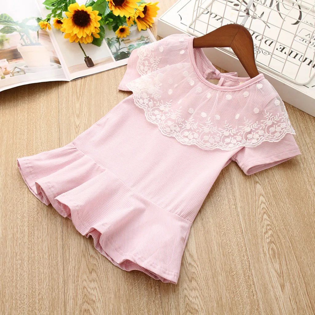 Toddler Kids Baby Girls Clothes Peter Pan Collar O Neck Short Sleeve Stripe Lace Party Princess Dresses Cotton Newborn Costume | Детская