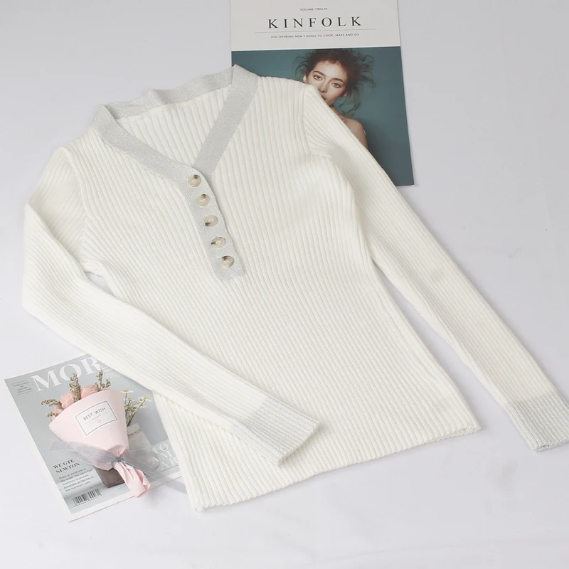 Женский свитер BYGOUBY базовый с треугольным вырезом и люрексом на осень зиму |