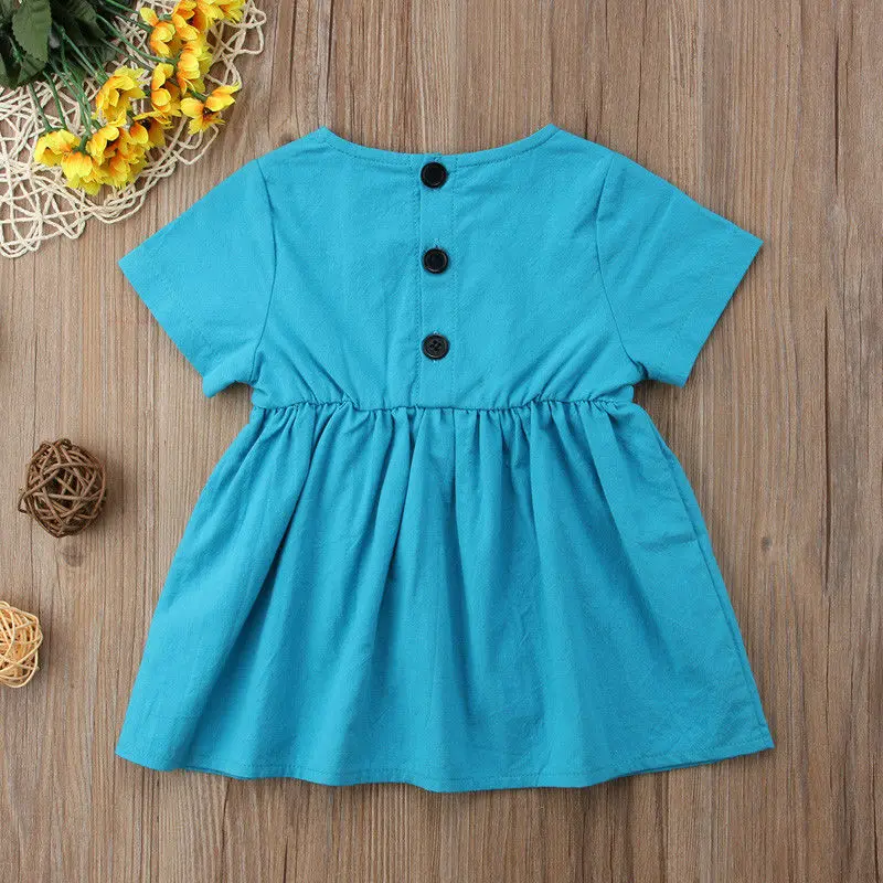 Модное платье для маленьких девочек однотонные синие платья с рюшами