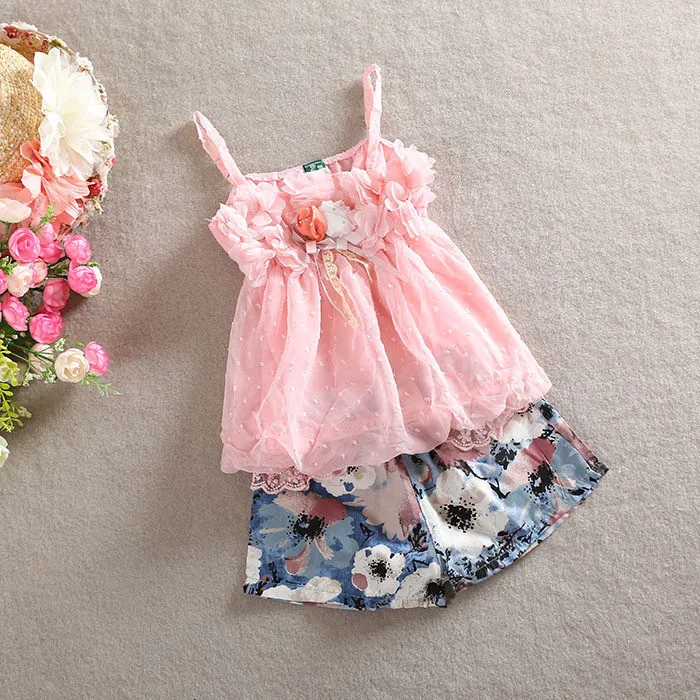 Summer Girl Clothing Sets Children's Flower Sling Vest+ Shorts 2 Pieces Suits Petal Chiffon Print Floral Pants Clothes - Цвет: Розовый