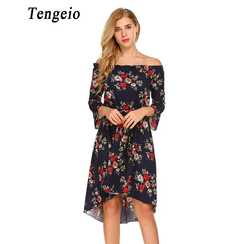 Tengeio Лето Для женщин Boho Цветочные с открытыми плечами платье 3/4 Flare рукавом