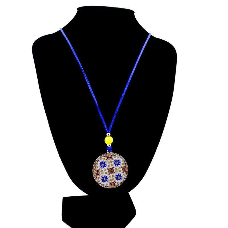 Женское богемное колье LongWay длинная Синяя кожаная цепочка с бусинами желтого