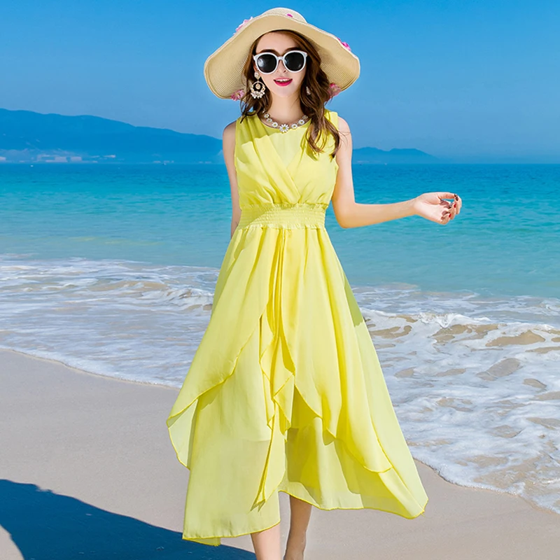 Ailegogo Summer Beach Solid Color Long Dress Women Sexy Ruffles Mid-calf Dresses Casual High Waist White Blue Red Yellow Vestido | Женская