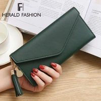 herald fashion women long wallet with tassel quality leather cluths multi function ladies card holder female coin purse wallet