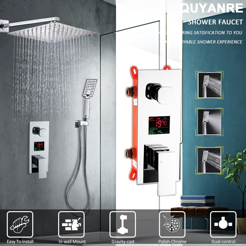 Quyanre 2 Функция цифровая для душевой кран Набор дождя Насадки для душа 3-сторонний выход душевая лейка цифровой Дисплей смесителя Ванная комната душевой кран