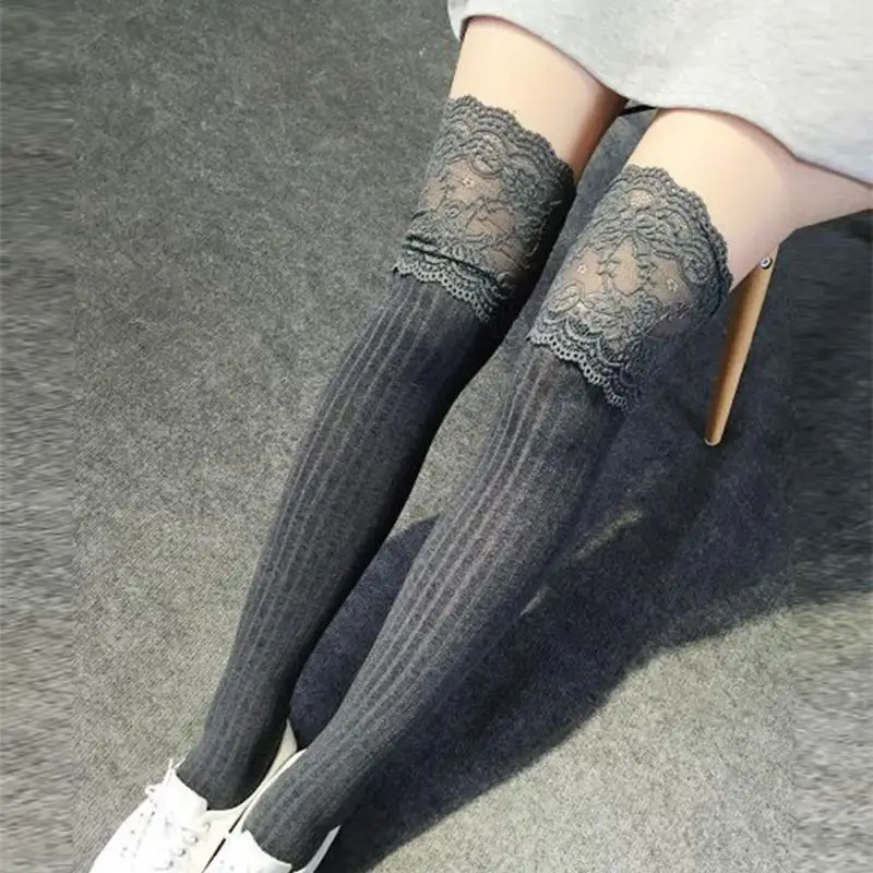 Vertical Stripe Lace High Socks Sweet Cotton Long Sock Women Autumn Fashion Breathable Striped Knitting Over Knee | Женская одежда