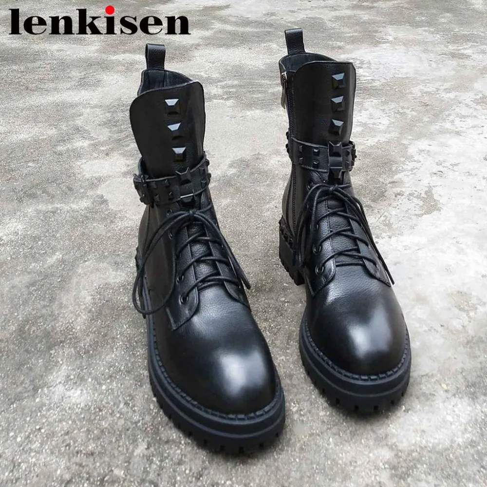 Lenkisen/Новое поступление года; ботинки в байкерском стиле с заклепками и круглым носком на среднем каблуке из натуральной кожи с пряжкой и ремешком на молнии в стиле рок; L67