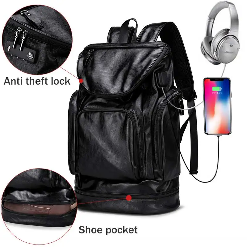 

Men Anti theft Backpack with USB Charge Male Laptop Backpack PU Leather Black Travel Backpack Waterproof Travel Bag For men