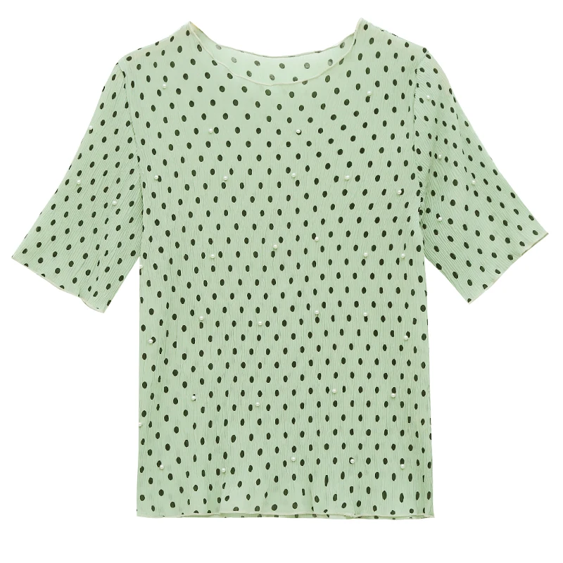 Блузка в горошек расшитая бисером Новинка лета 2019 тонкая шифоновая рубашка с