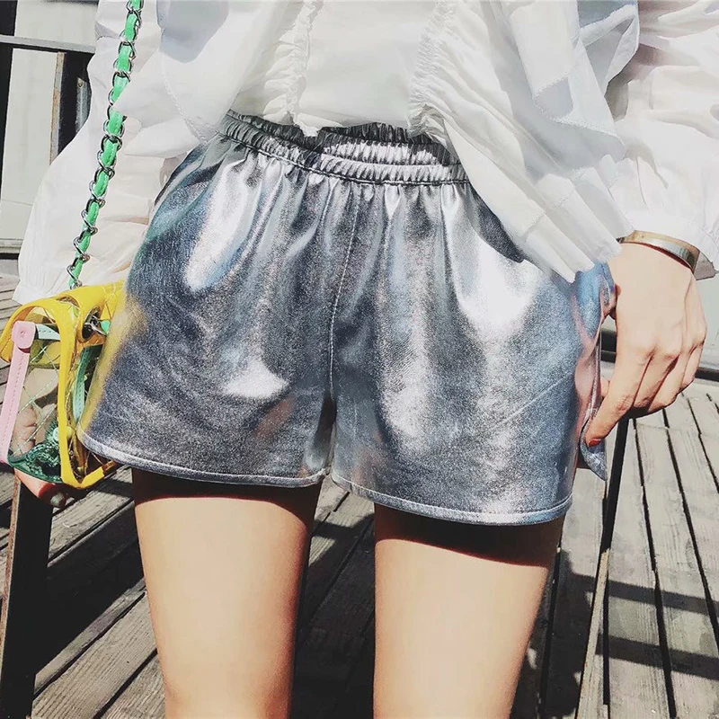 2018 New PU Silve Leather Shorts Women Black High Quality Short Pant Women's Sexy Loose Casual Solid Pants pantalon corto mujer | Женская