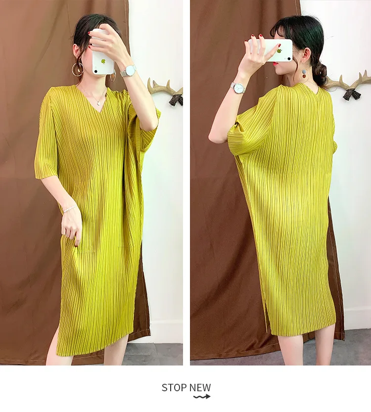 Miyake fold платье с v-образным вырезом летнее Новое свободное платье плюс размер рукав летучая мышь Плиссированное женское платье sanzhai