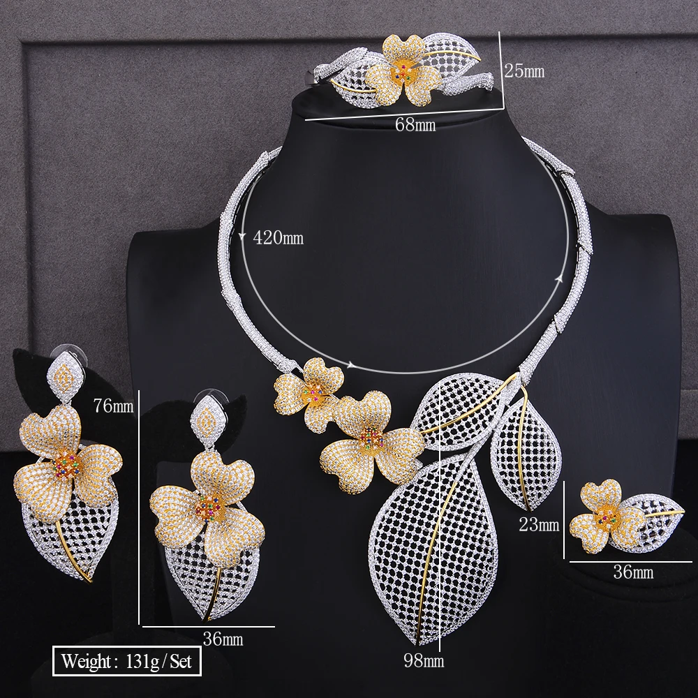 

SisCathy 3 Tone Big Statement Flower Jewelry Sets For Women Necklace/Earring/Bracelet/Ring Wedding Bridal Jewelry Finding 2019