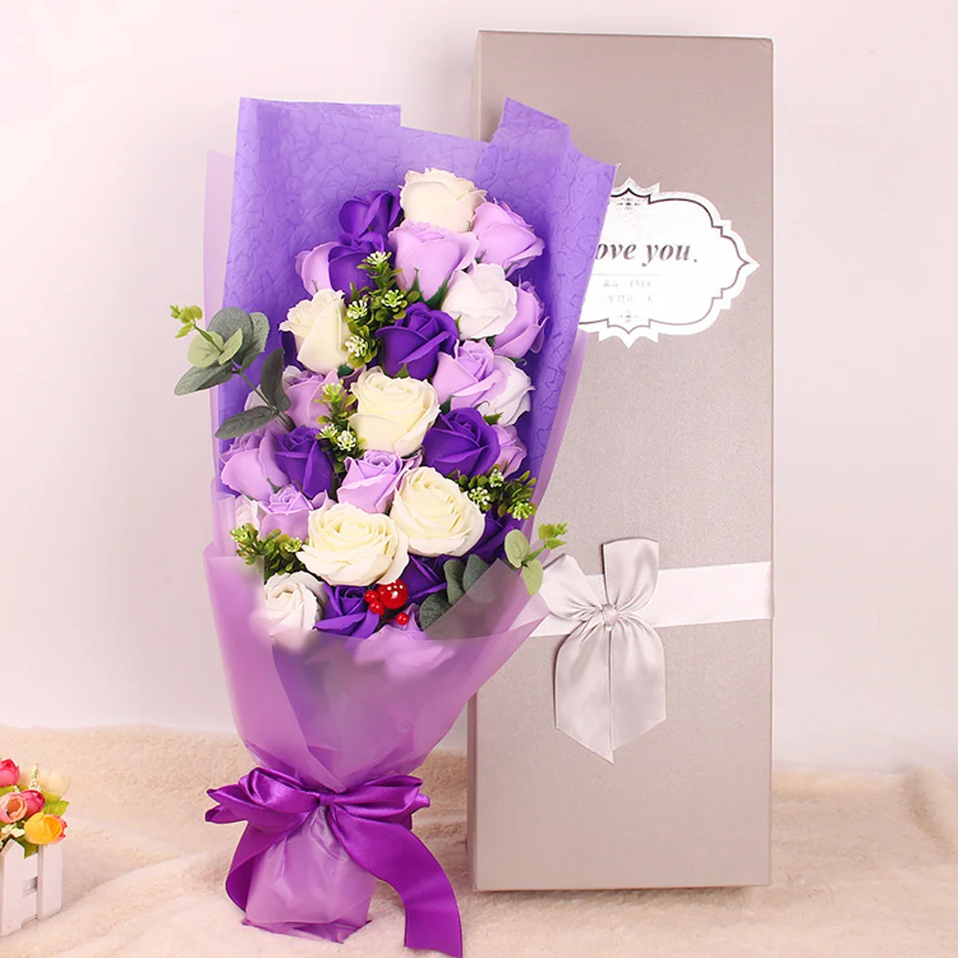 Purple Новые Красивые мыльные цветы с подарочной коробкой микс реалистичный декоративный искусственный букет консервированные цветы подарок на день матери - Цвет: Purple