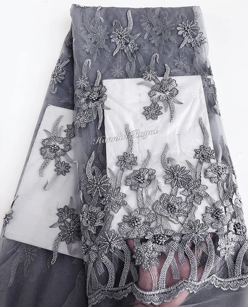 5 yards grey rich french lace African tulle lace fabric for garment sewing high quality with lots of crystal beads diamonds
