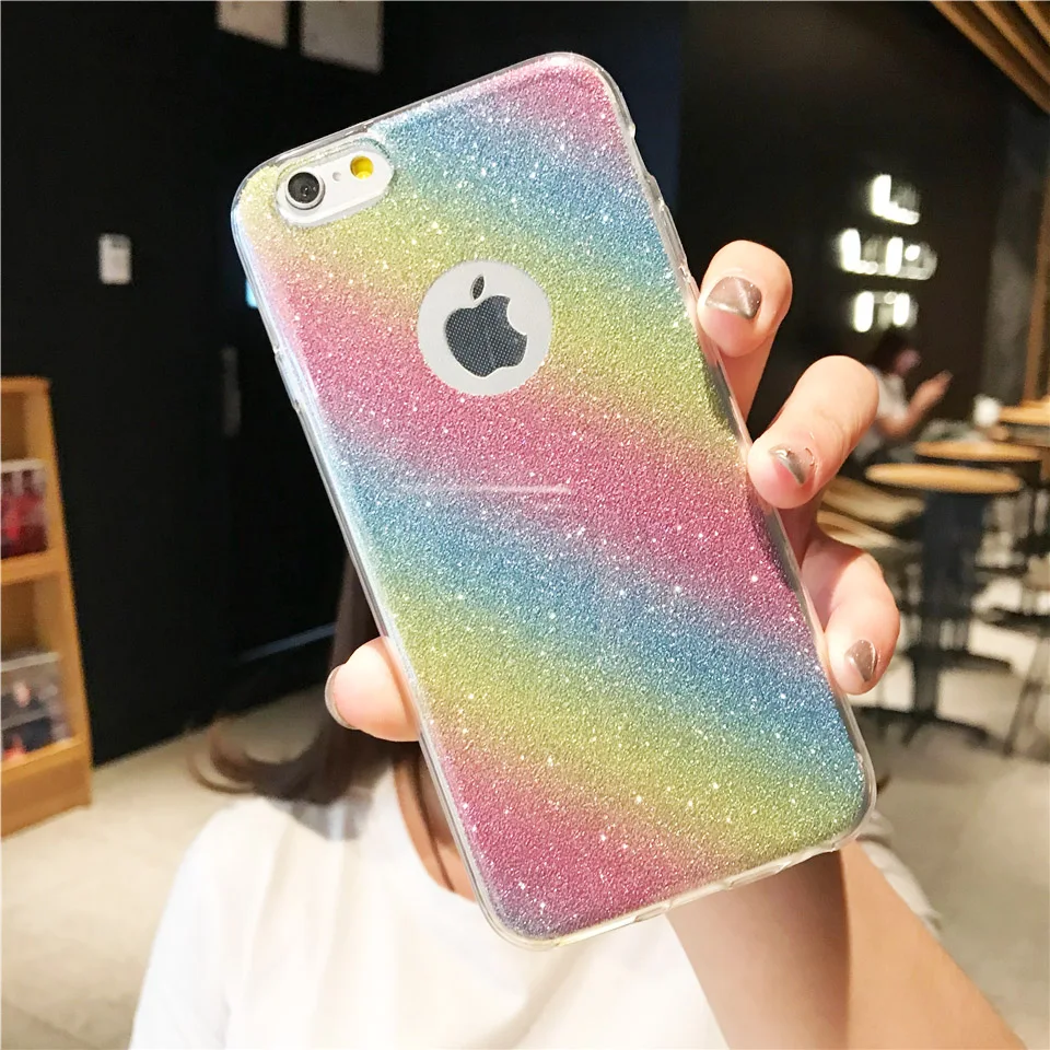 Glitter 2 in 1 Rainbow Color Silicone Soft Case For iPhone 6 6S 7 5S SE 8 Plus X XR XS MAX TPU Cover Bling Phone Cases Fundas |