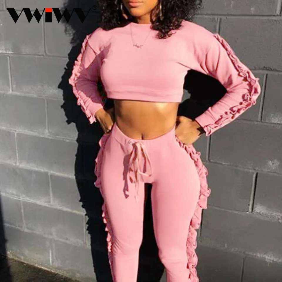 Женский весенний спортивный костюм VWIWV из двух предметов свитшот с рюшами и брюки
