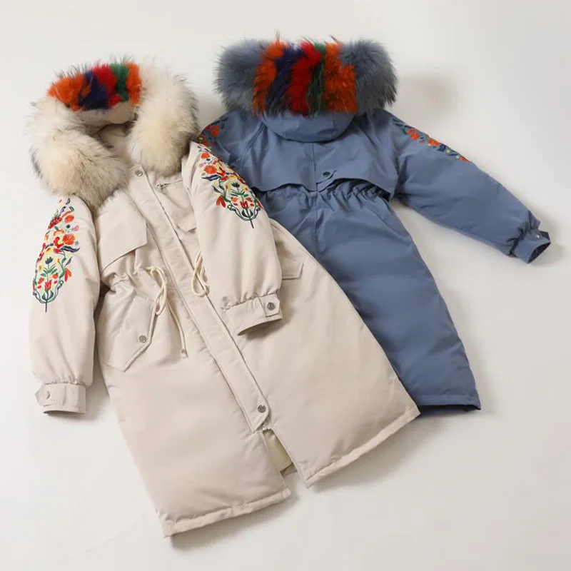 

90% White Duck Down Jacket Women Winter 2018 Casual Embroidery Real Fur Collar Plus Size Female Thick Warm Down Coat Long Parka