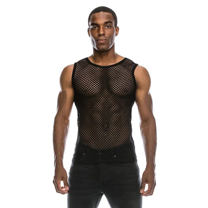 black Vest Мужская сетчатая Прозрачная Футболка в сеточку,, модная Сексуальная футболка с коротким рукавом для ночного клуба, мужские вечерние футболки для выступлений, уличная одежда, топы - Цвет: black Vest