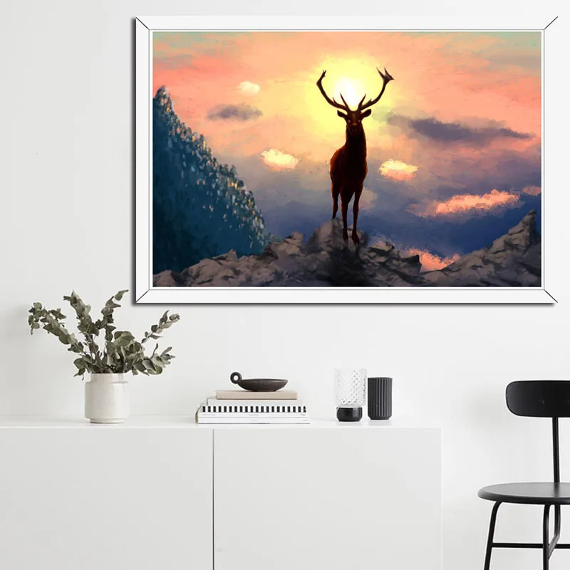P314 олень лес закат природа пейзаж Искусство Живопись Шелковый Холст плакат