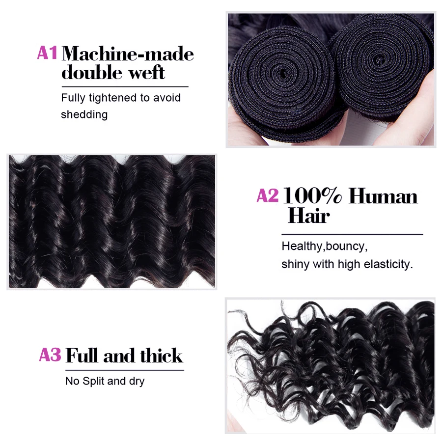 Глубокая волна 2/3 пряди с закрытием кружева бразильские натуральные кудрявые