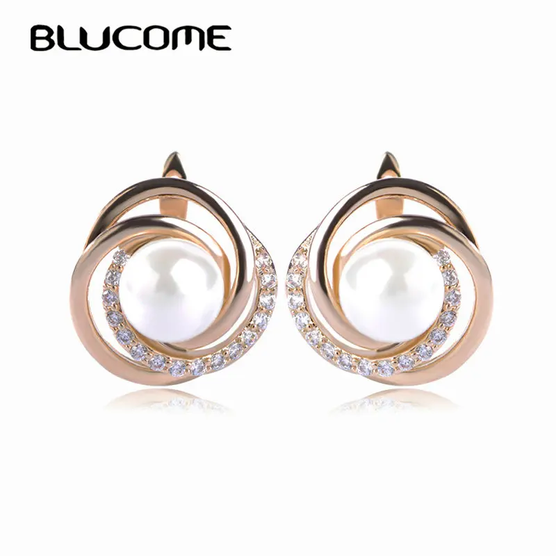 Женские серьги гвоздики с искусственным жемчугом Blucome золотого цвета из меди и