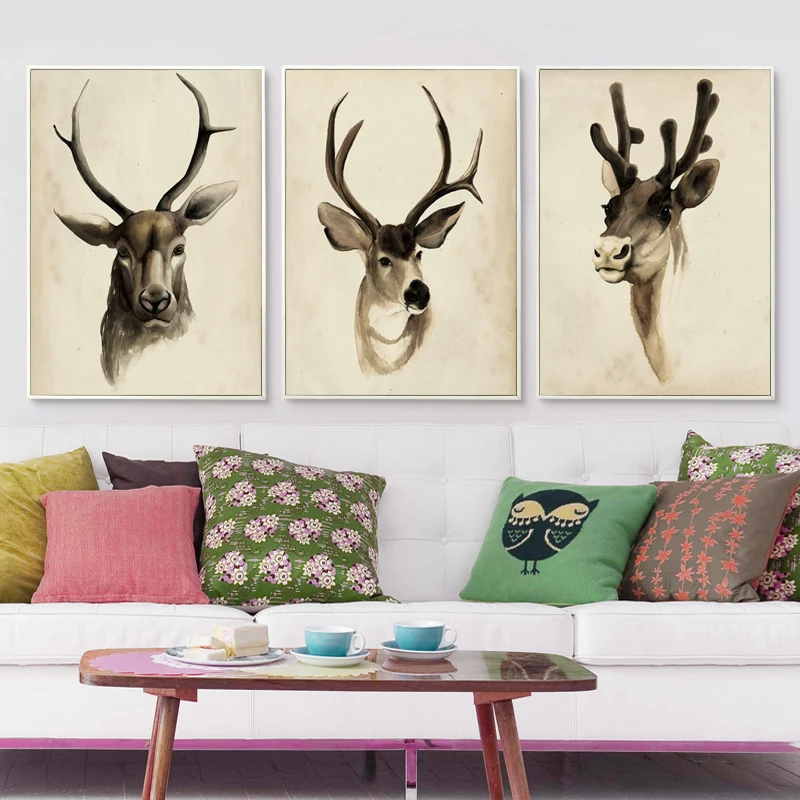 Современный скандинавский живописи тушью голова оленя холст картина печать
