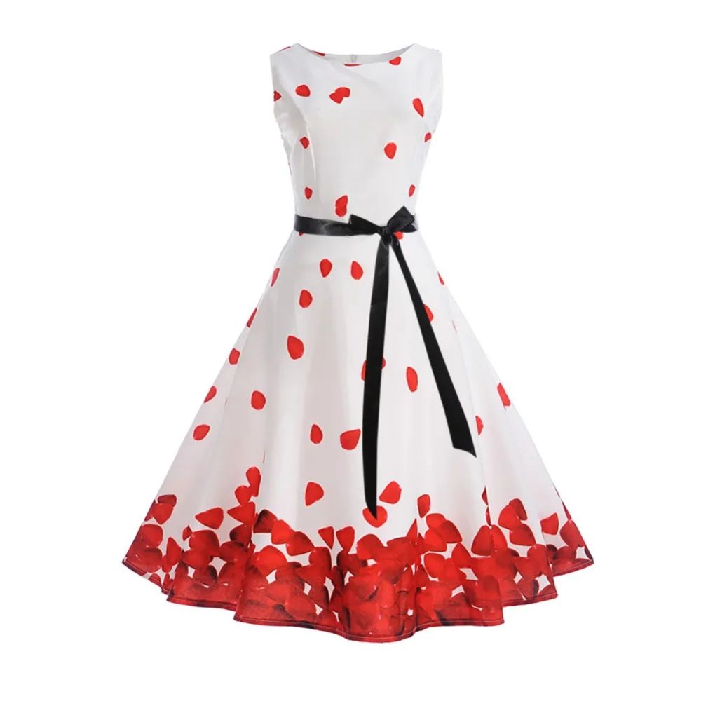 Женское винтажное платье с цветочным принтом черное поясом без рукавов в