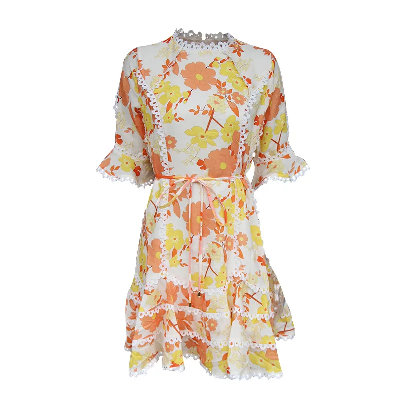Floral Print Dress Tunic Lace Trim Women Casual Mini | Женская одежда