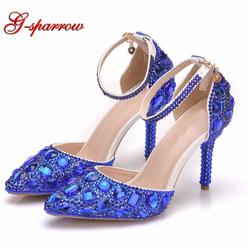 

Королевский синий великолепные стразы свадебные босоножки с ремешком на щиколотке, с острым носком; Обувь для торжеств; Шоу на сцене женски...