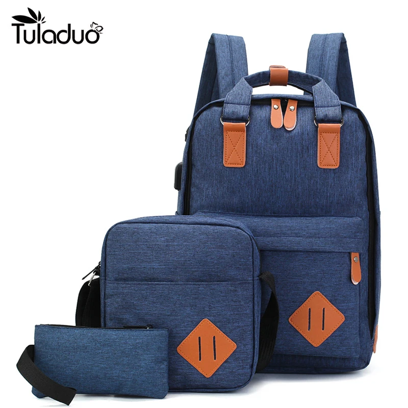 

2022 Usb Charging Nylon Backpack 3 Pcs/set Unisex School Backpacks Schoolbag For Teenagers Man Women Student Book Anti Theft Bag