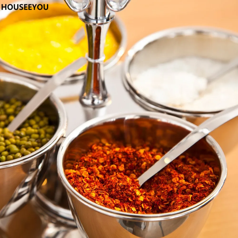 Вращающаяся 4-миска набор приправ поддоны из нержавеющей стали для соли и перца