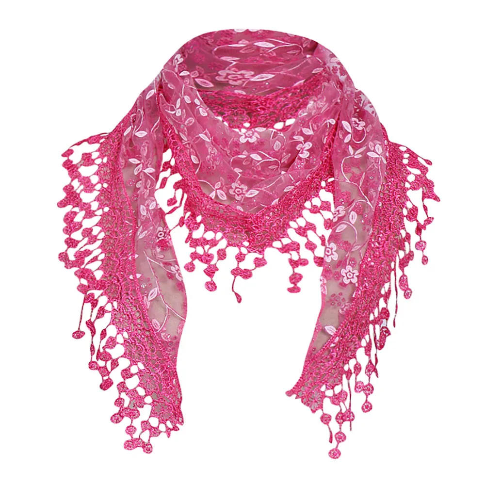 Hot Pink Женский кружевной шарф с цветочным принтом, шарф с кисточками, ажурный кружевной шарф с розами, вязаные треугольные шарфы-Мантилья, женские шарфы - Цвет: Hot Pink