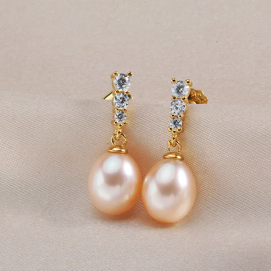 Lindo Fashion Gold Color Drop Earrings For Women 8-9mm Natural Freshwater Pearl Silver 925 Jewelry Solid Hanging | Украшения и