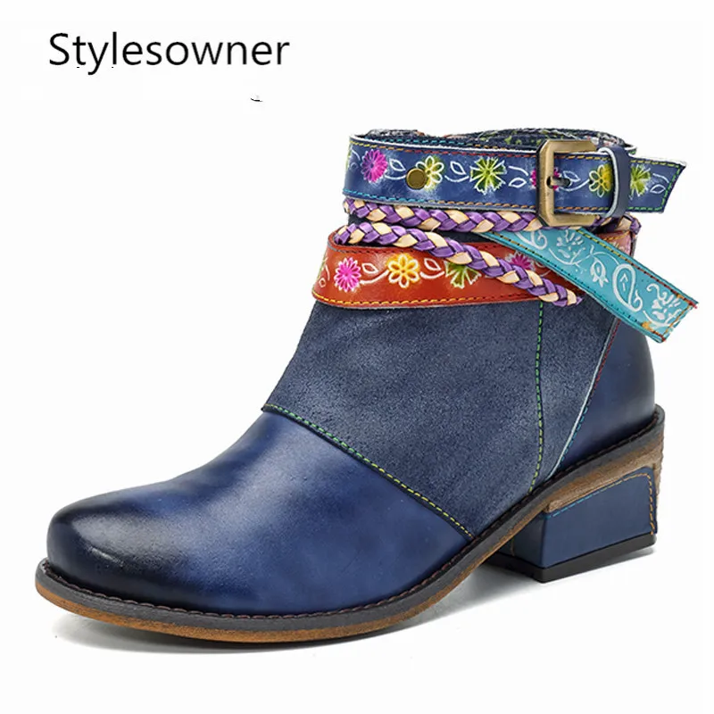 Stylesowner Genuine Leather Women Boots Vintage Bohemian Ankle Shoes Low Heel Ladies Woman Autumn Winter Boot | Обувь