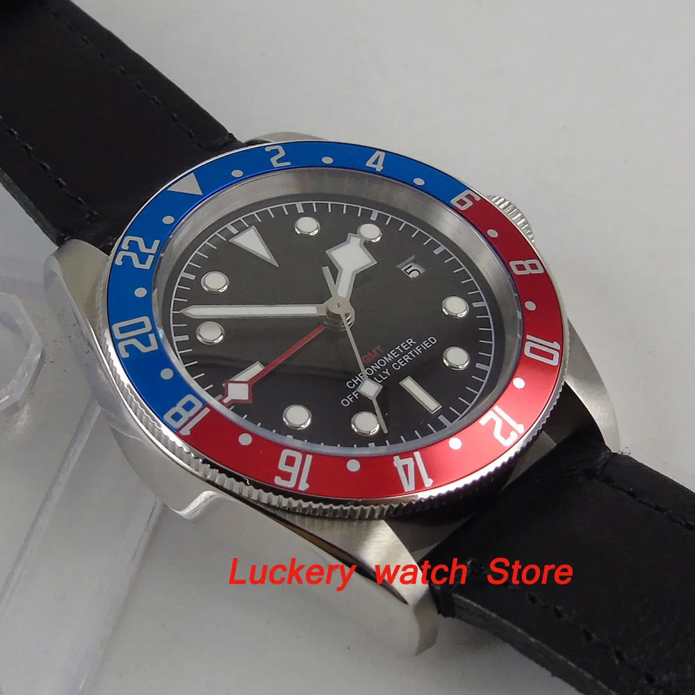 Мужские часы Corgeut GMT 41 мм с черным циферблатом светящийся вращающийся ободок