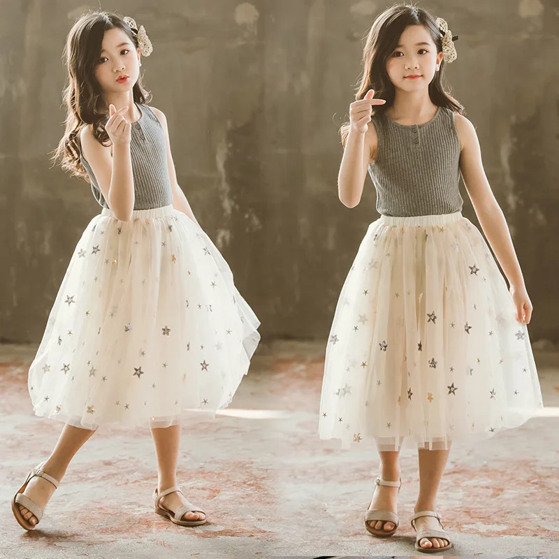 Юбка пачка для девочек с принтом звезд летняя юбка принцессы блестками сетчатая