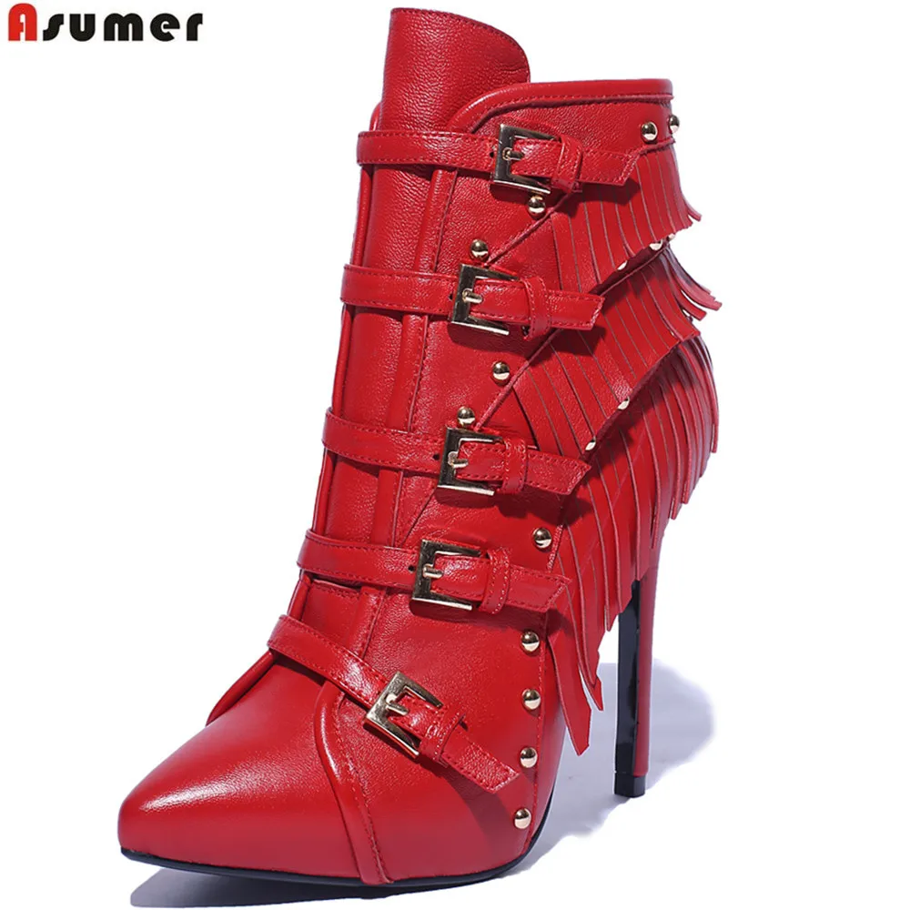 

ASUMER fashion women boots pointed toe zipper ladies genuine leather boots zipper leather ankle boots thin heel super high