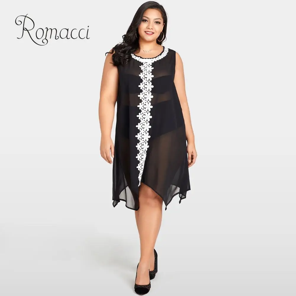 Romacci Crochet Lace Splice Transparent Dress Sexy Women Plus Size Chiffon Casual Sleeveless Beach Irregular Shift | Женская одежда