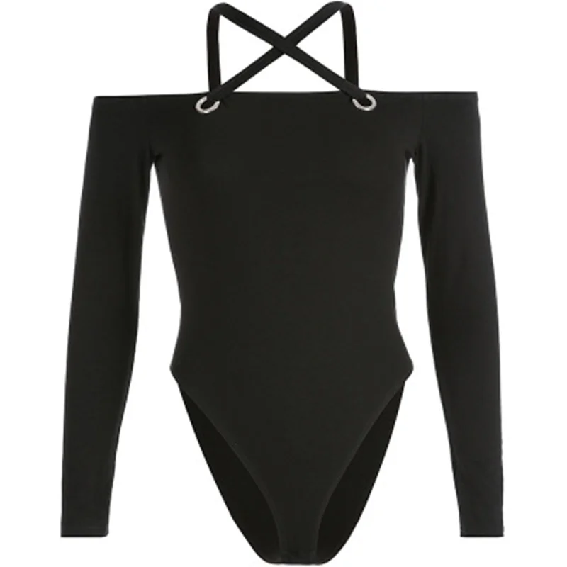 7 Манг 2018 с плеча сексуальное боди женский черный длинным рукавом Тонкий Крест